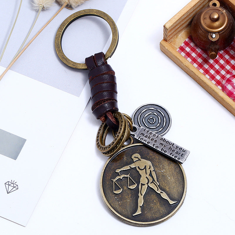 Wholesale Retro Woven 12 Constellation Cowhide Keychain